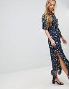 Liquorish Floral Print Maxi Dress With Spilt - Navy