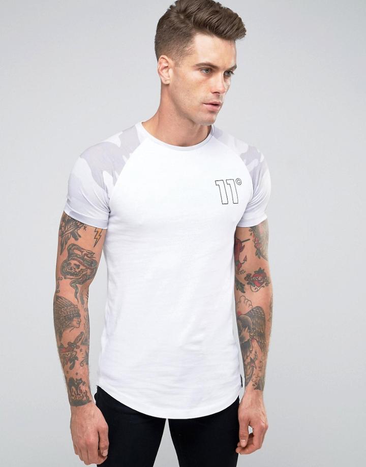 11 Degrees Raglan T-shirt With Camo Print Sleeves - White