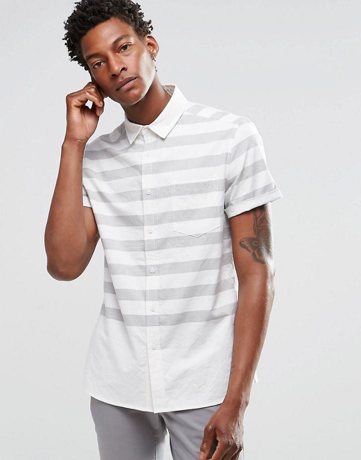 Asos Skinny Oxford Shirt With Engineered Stripe In Short Sleeve - Ecru