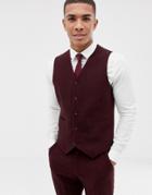 Asos Design Wedding Skinny Suit Vest In Burgundy Wool Mix Herringbone - Red