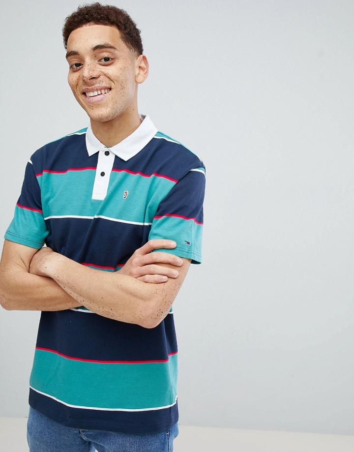 Tommy Jeans Capsule Block Stripe Short Sleeve Rugby Polo In Navy/green - Navy