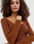 Asos Design Crop Top With Scoop Neck And Long Sleeve With Buttons - Brown
