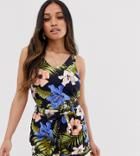 Vero Moda Petite Tropical Linen Print Romper-navy