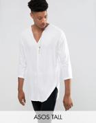 Asos Tall Regular Fit Longline Viscose Shirt In White With V Neck - White