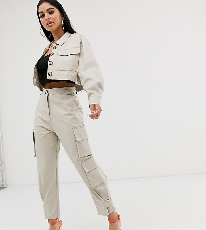 Asos Design Petite Cargo Suit Pants In Stone
