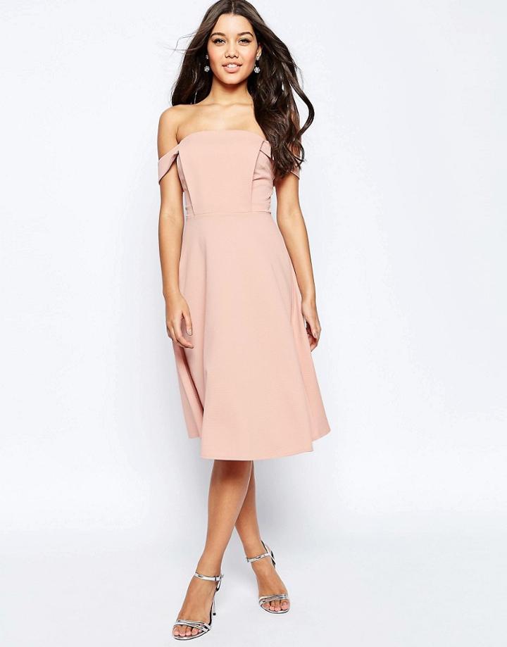 Asos Midi Dress With Off Shoulder And Full Skirt - Nude