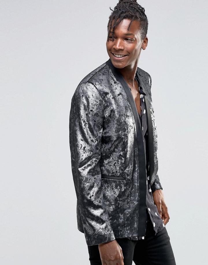 Asos Super Skinny Blazer In Silver Velvet - Silver