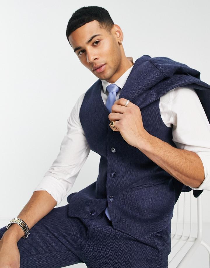 Asos Design Super Skinny Wool Mix Suit Vest In Navy Herringbone