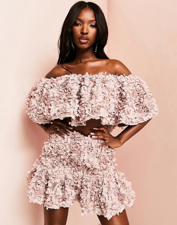 Asos Luxe 3d Lace Ruffle Bardot Crop Top In Mink - Part Of A Set-pink
