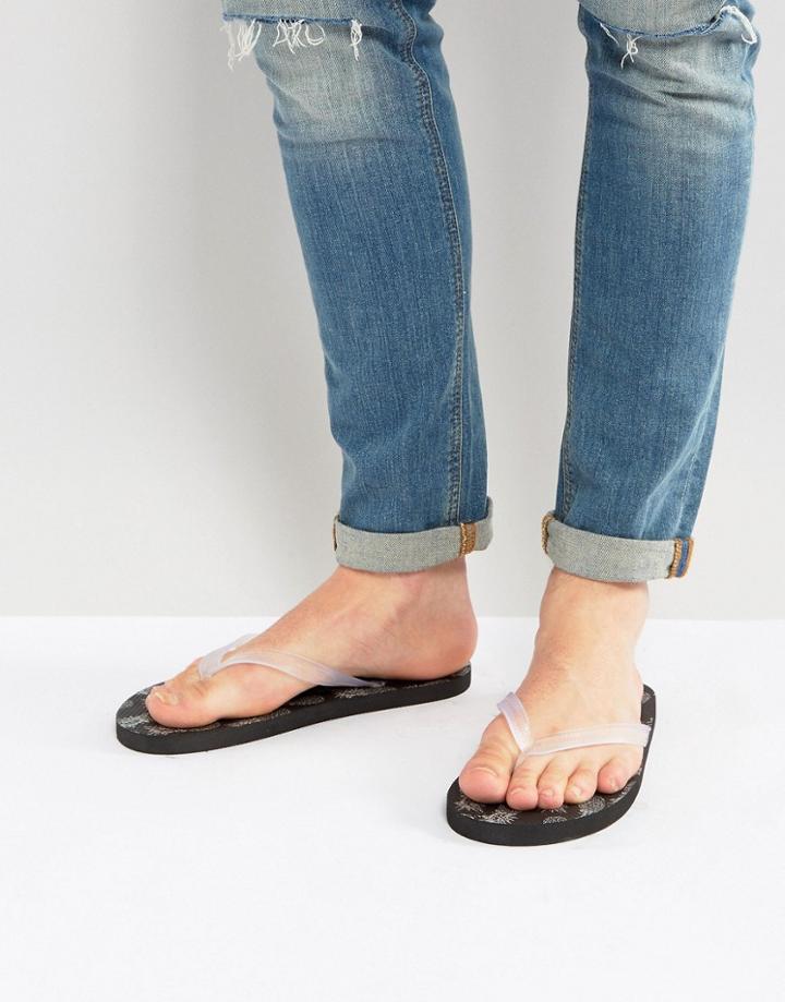 Asos Flip Flops In Black With Metallic Pineapple Print - Black