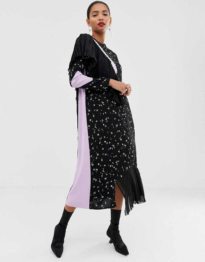 Asos White Pleat Panel Dress In Floral Print - Multi