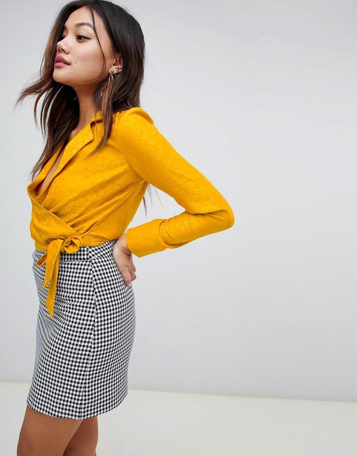 Miss Selfridge Jacquard Pyjama Wrap Blouse In Yellow - Yellow