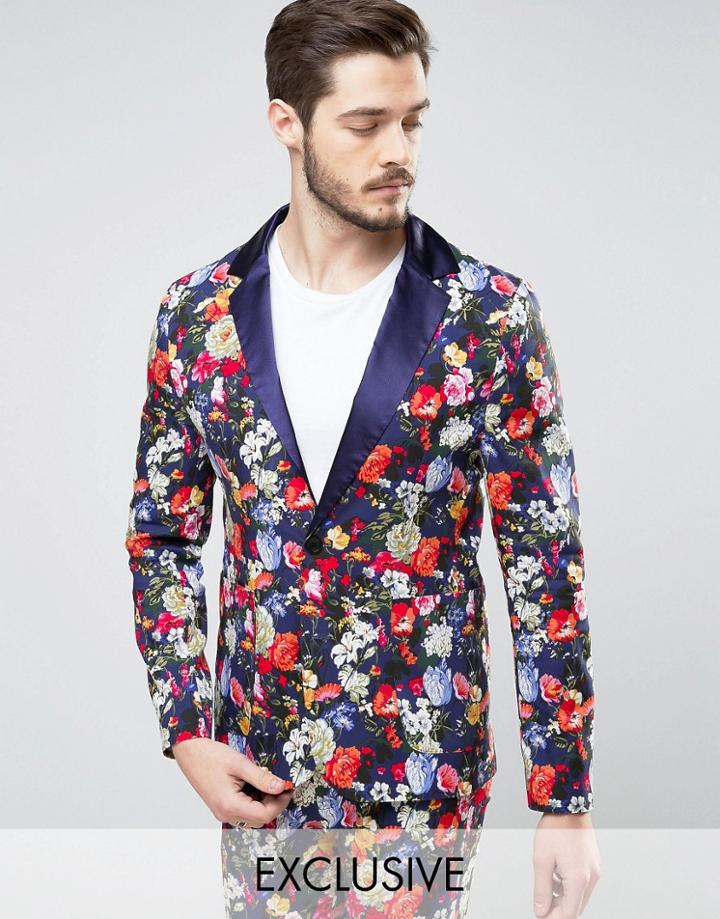 Reclaimed Vintage Inspired Blazer In Floral Print - Navy