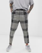 Asos Design Tapered Crop Smart Pants In Navy Wool Mix Check - Navy