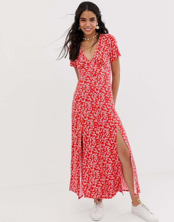 Asos Design Button Through Maxi Tea Dress With Splits In Ditsy Print - Multi