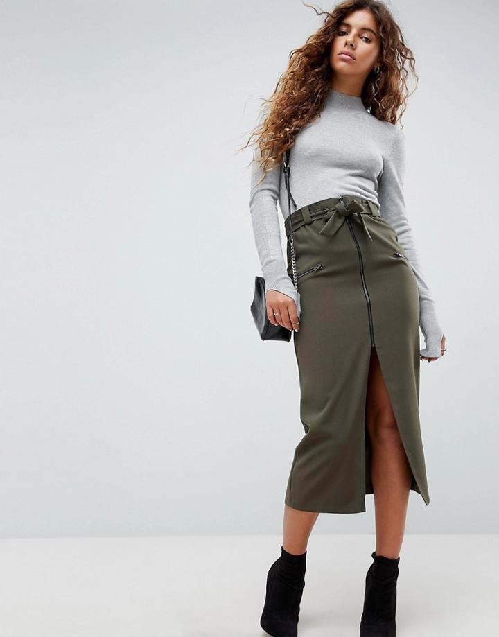 Asos Tailored Pencil Skirt With Utility Styling And Zip Detail - Green