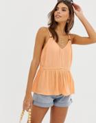 Asos Design Crinkle Cami With Lace Inserts And Ring Detail Sun Top-yellow