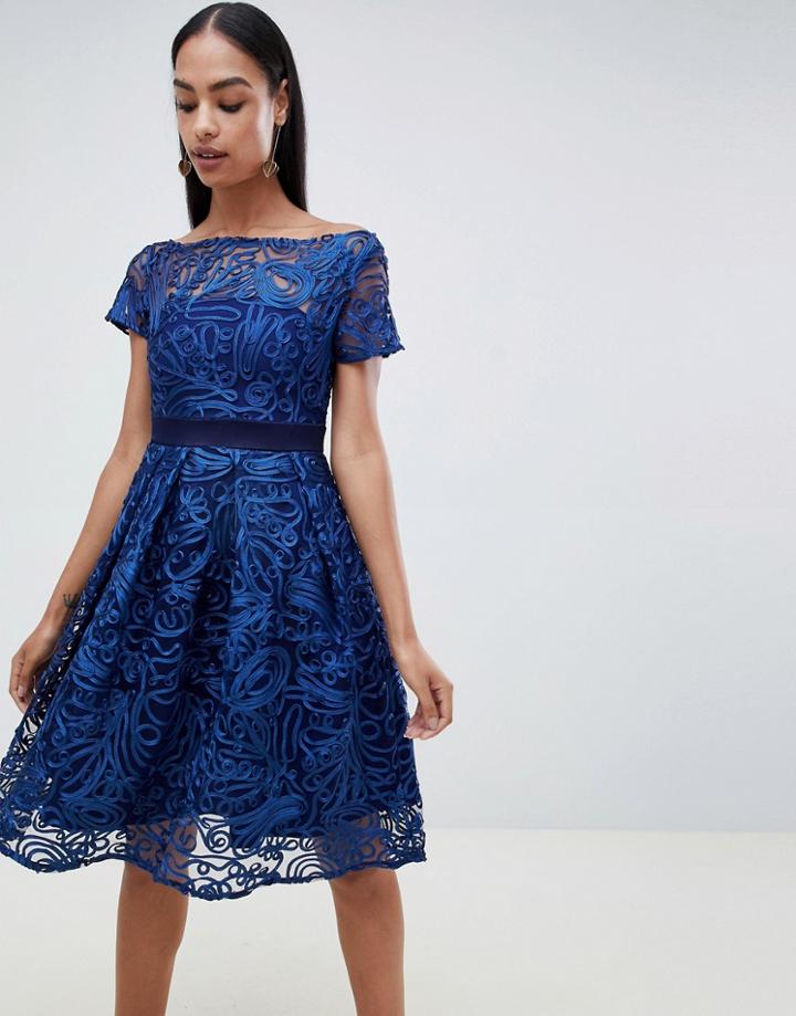 Vesper Capped Sleeve Lace Skater Dress - Navy