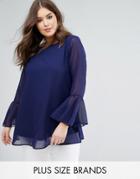 Koko Navy Bell Sleeve Embroidered Neck Blouse - Navy