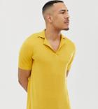 Asos Design Tall Knitted Revere Polo In Mustard - Yellow