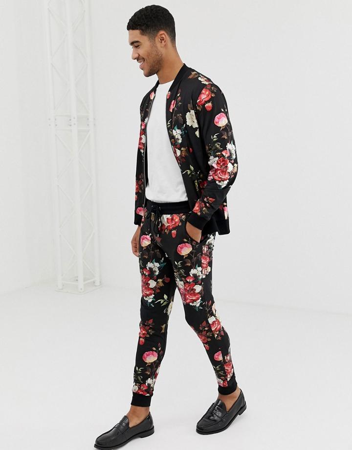 Asos Design Tracksuit Bomber Jacket / Skinny Joggers In Metalic Floral Retro Tack - Black