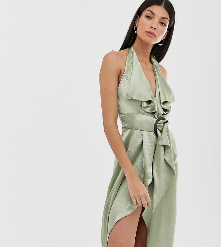 Asos Design Tall Neck Satin Pencil Midi Dress With Wooden Buckle Belt - Gold