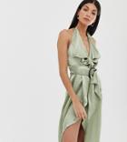 Asos Design Tall Neck Satin Pencil Midi Dress With Wooden Buckle Belt - Gold