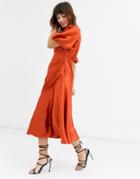 Asos Design Ruched Maxi Dress With Puff Sleeve In Satin-orange