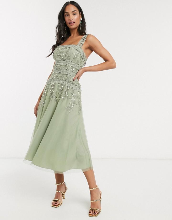 Asos Design Midi Skater Dress With Lace Trim And Delicate Leaf Embellishment-green