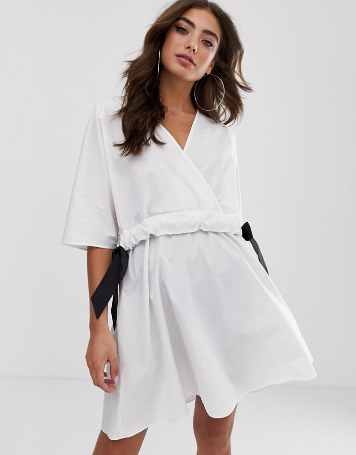 Asos Design V Front V Back Ruched Waist Mini Smock Dress-white