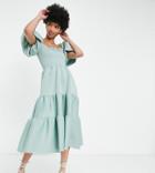 Asos Design Tall Shirred Puff Sleeve Tiered Prom Midi Dress In Frosty Sage-green