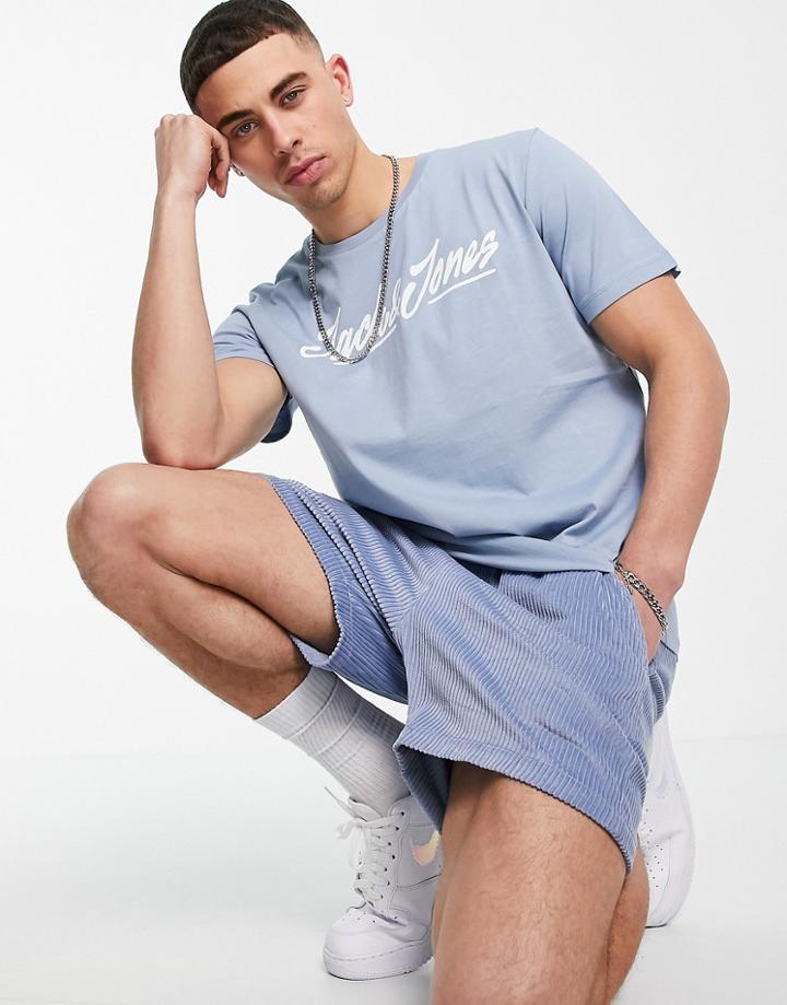 Jack & Jones Script Logo T-shirt In Dusty Blue-blues