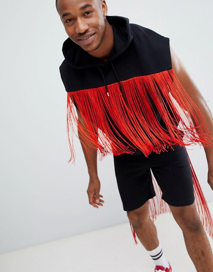 Asos Design Festival Oversized Sleeveless Hoodie With Orange Fringing - Black