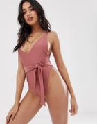 Asos Design Skinny Strap Deep Plunge Tie Front Swimsuit In Shiny Rust-brown