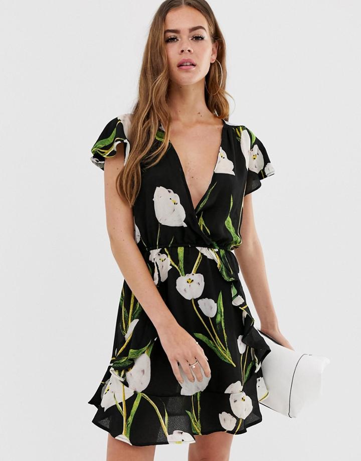 Ax Paris V Neck Floral Dress - Black