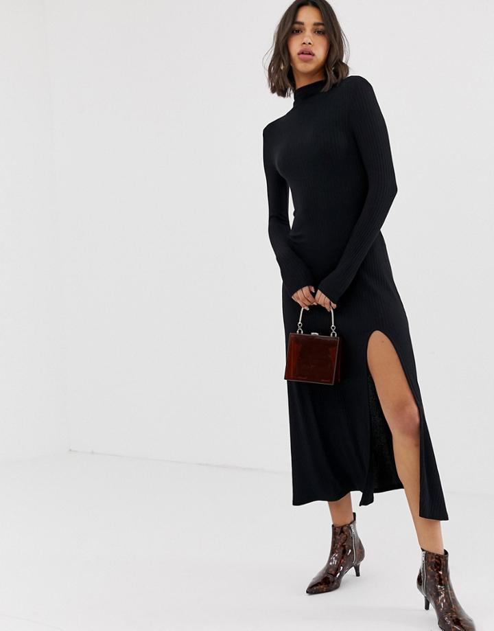 Stradivarius Ribbed Jersey Dress Midi Length High Neck - Black