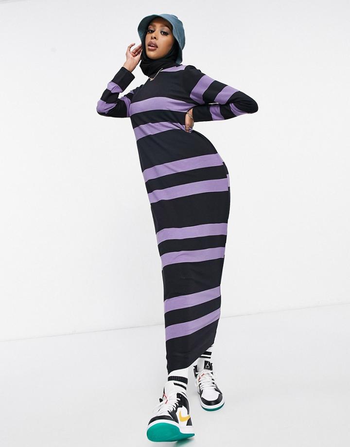 Asos Design Long Sleeve Maxi T-shirt Dress In Dusty Purple And Black Stripe