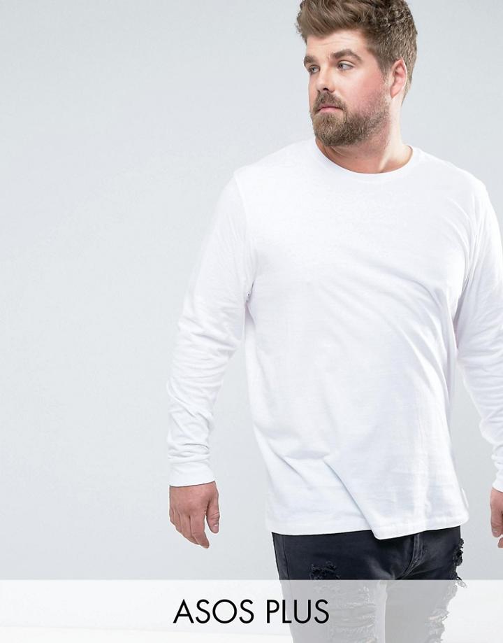 Asos Plus Longline Long Sleeve T-shirt With Crew Neck - White