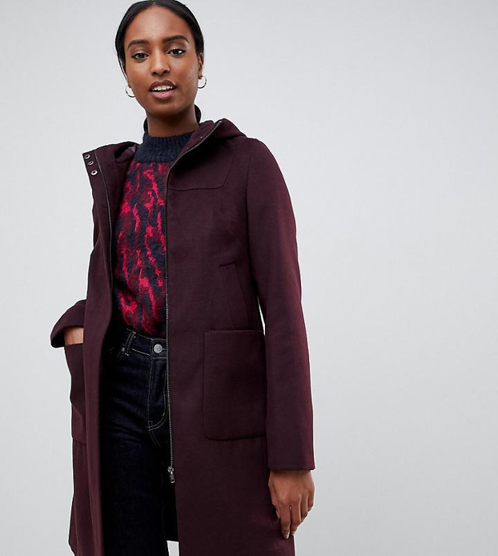 Asos Design Tall Zip Through Coat With Hood - Red