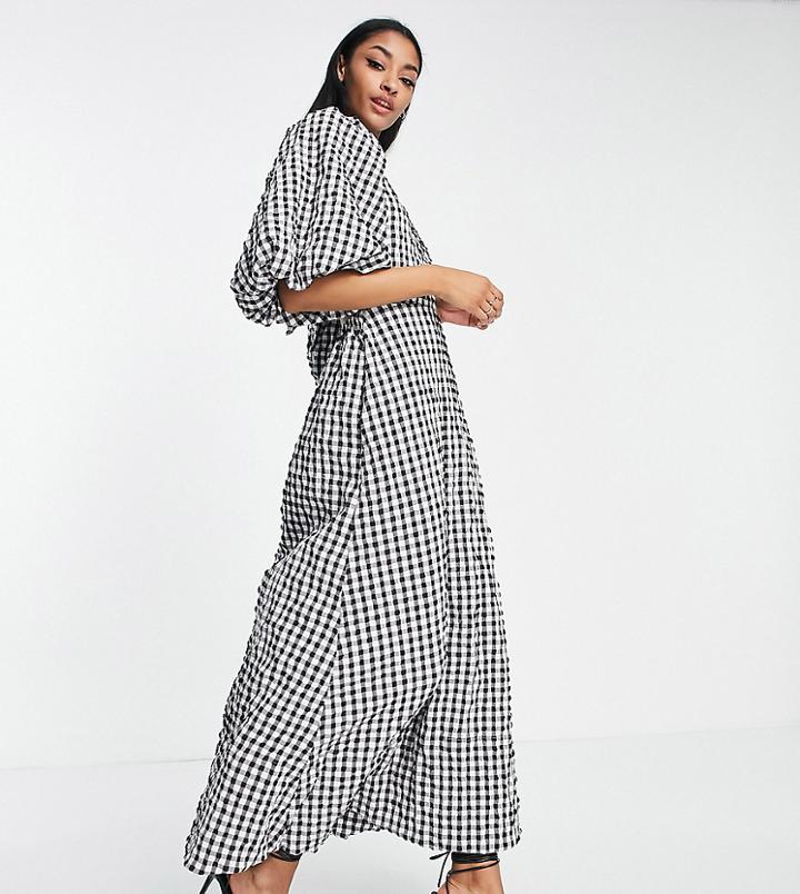 Asos Design Tall Open Back Puff Sleeve Maxi Dress In Textured Mono Gingham-multi