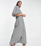 Asos Design Tall Open Back Puff Sleeve Maxi Dress In Textured Mono Gingham-multi