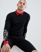 Asos Design Muscle Long Sleeve Polo Shirt With Floral Sleeve And Contrast Collar - Black
