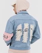 Liquor N Poker Denim Jacket With Dusty Pink Arm Band In Blue Wash - Blue
