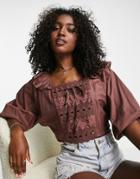 Asos Design Square Neck Top With Frill Detail & Ribbon Insert In Chocolate Brown