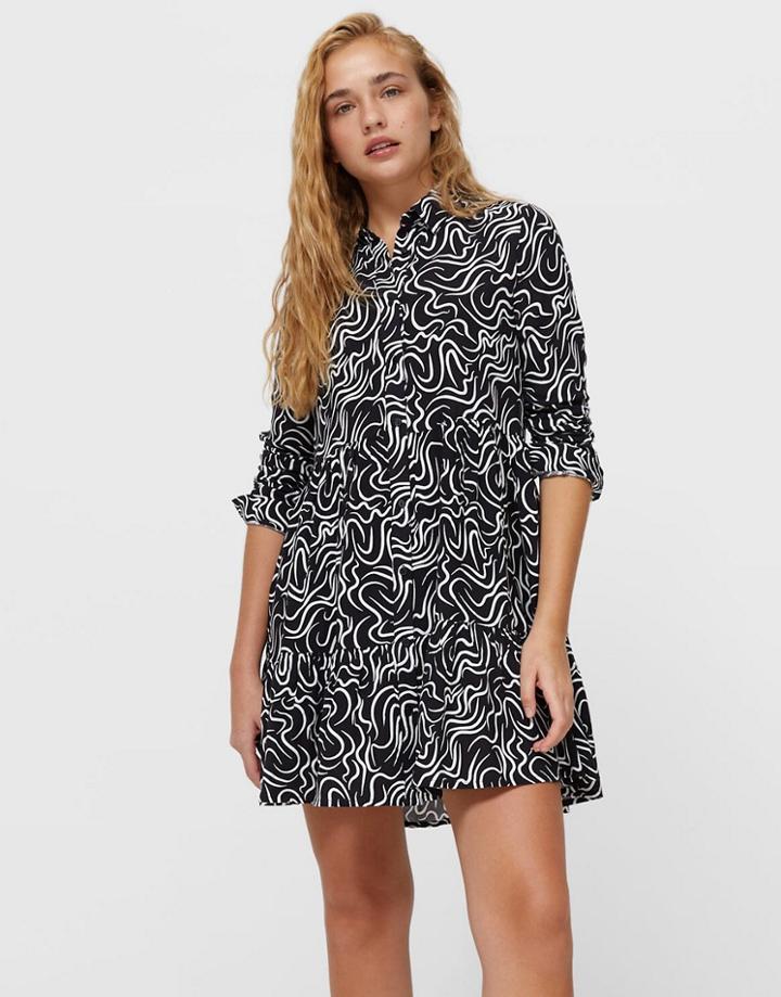 Stradivarius Shirt Dress In Black Swirl Print