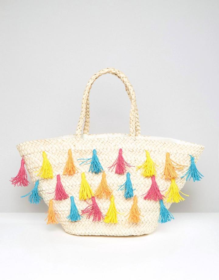 South Beach Straw Beach Bag With Colored Tassels - Multi