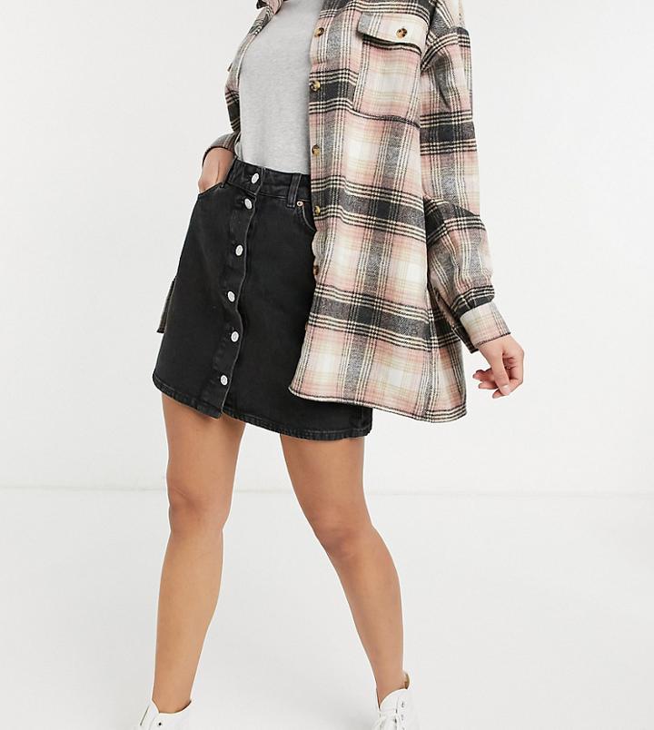 Asos Design Tall Denim Button Through Skirt In Black