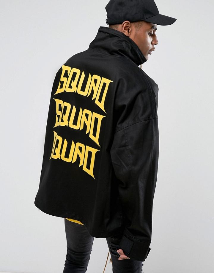 Visionair Overhead Jacket In Black With Funnel Neck And Back Print - Black