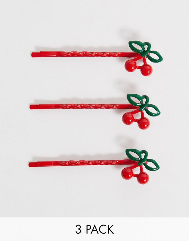 Asos Design Pack Of 3 Hair Clips With Cherry - Red