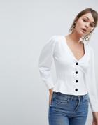 Asos Top In Ponte With Sleeve Drama And Button Front - White